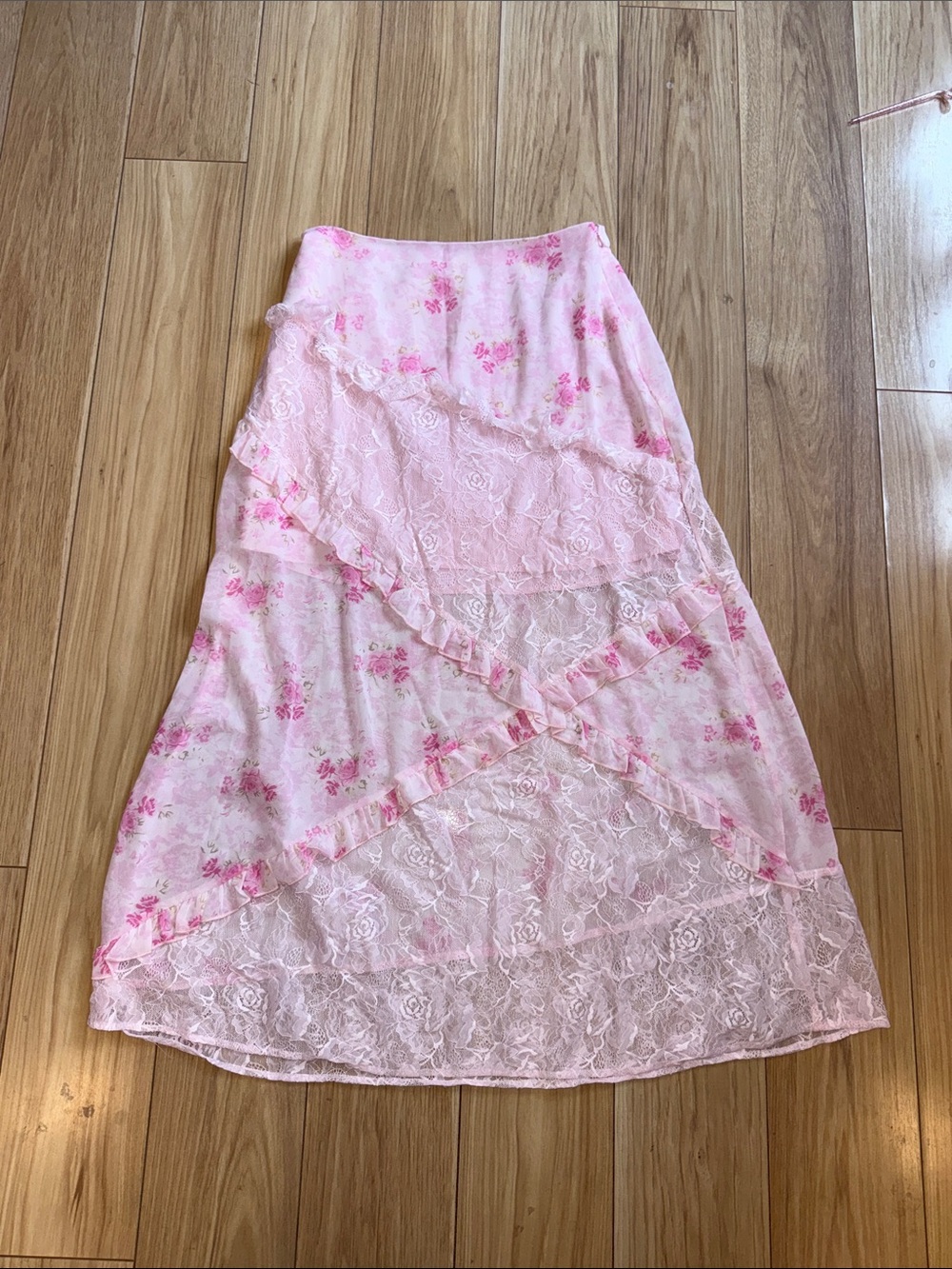 Pink Floral Lace Women's Skirt with Lace Overlay
